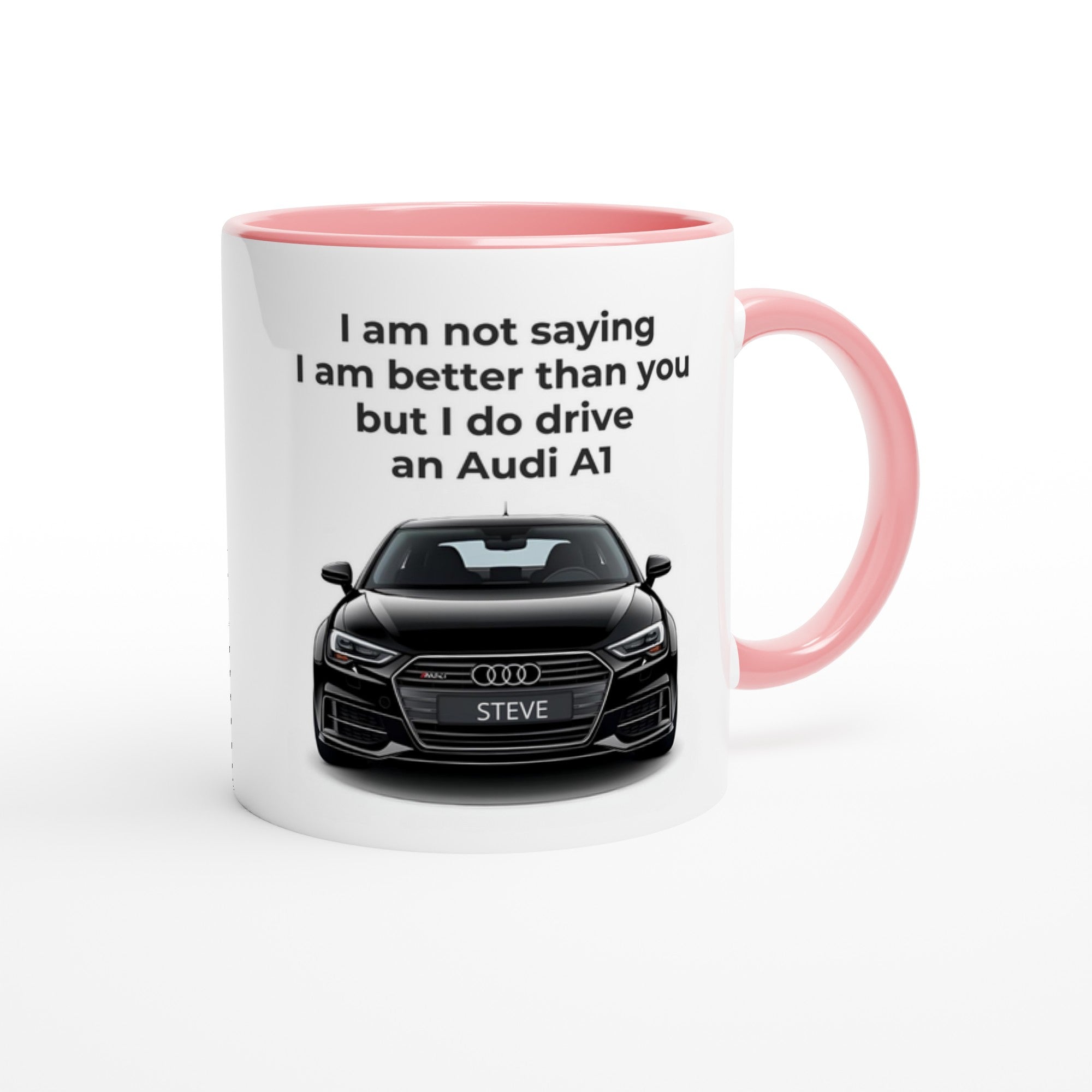 Funny Personalized Audi Car Mug - 11oz Ceramic Coffee Cup for Car Lovers - Dishwasher &amp; Microwave Safe Ceramic Pink