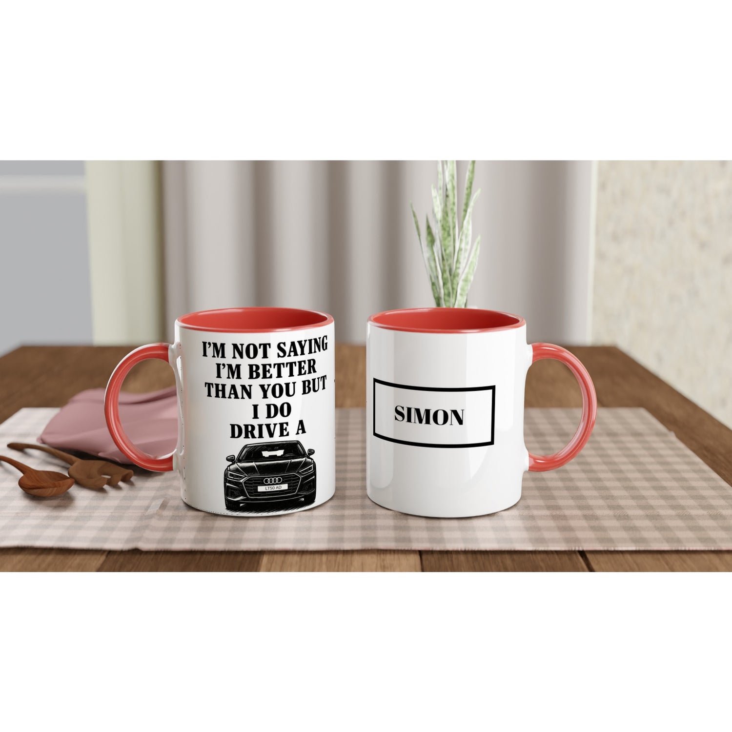 Funny Personalized Audi Mug - Custom Car Lover Dad Gift - Add Name &amp; Number Plate - 11oz Ceramic Ceramic Red