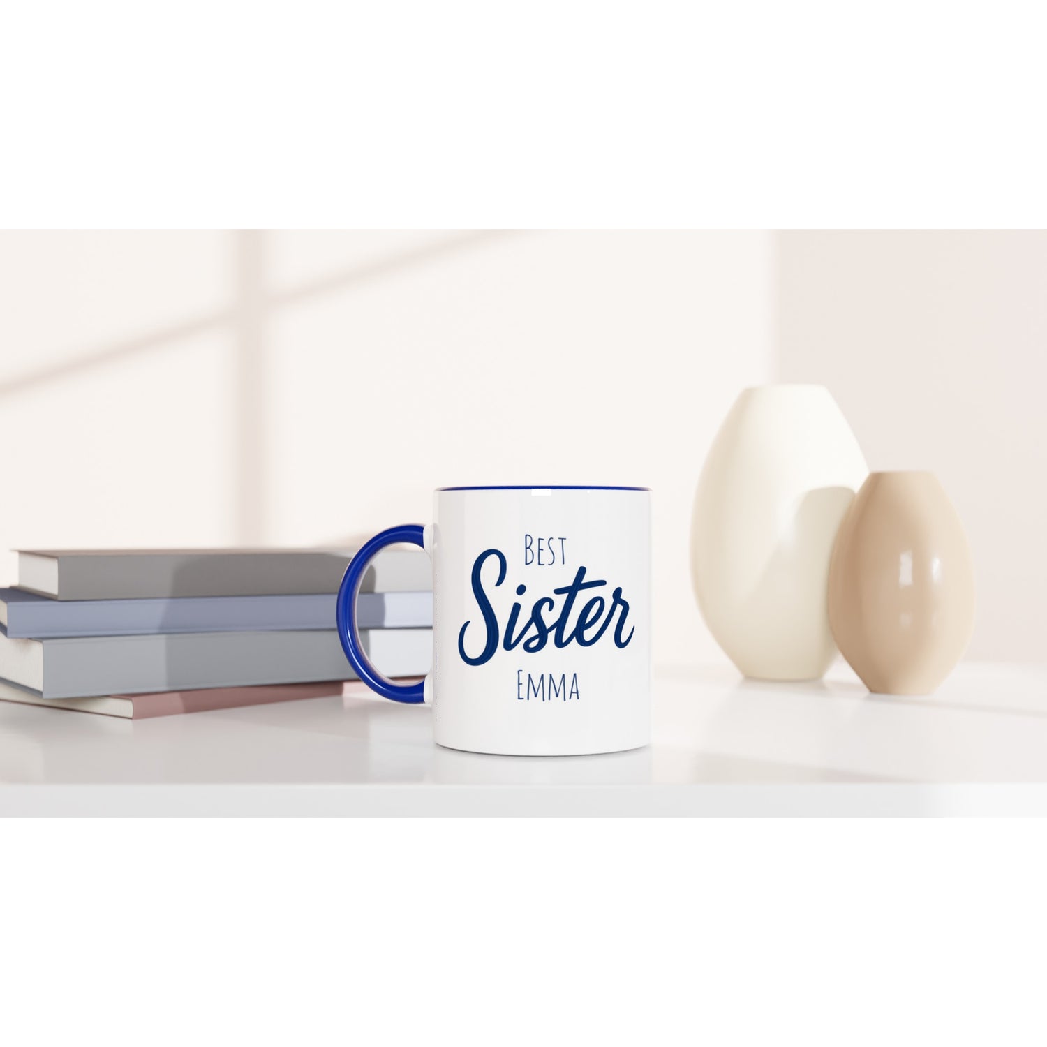 Sister Mug - Blue Brush Script Mug with Heart – Elegant Blue Calligraphy 11oz Coffee Cup – Gift for Sister, Birthday or Everyday Surprise