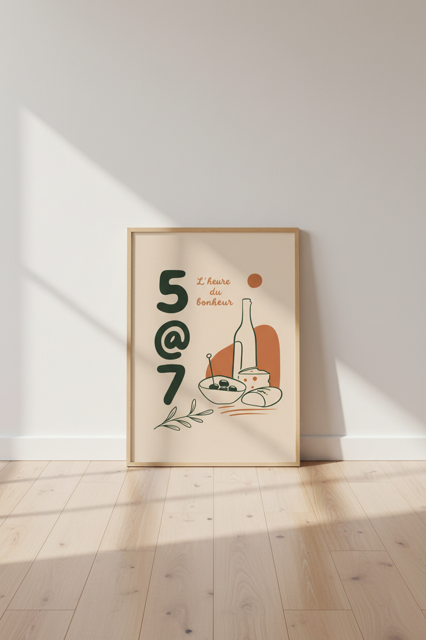 French Happy Hour Quote Wall Art | Kitchen Decor | Minimalist Wine &amp; Cheese Poster