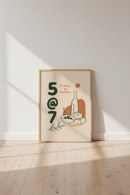 French Happy Hour Quote Wall Art | Kitchen Decor | Minimalist Wine &amp; Cheese Poster