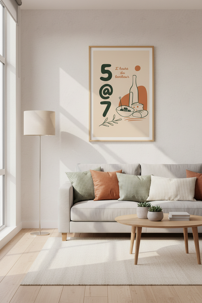 French Happy Hour Quote Wall Art | Kitchen Decor | Minimalist Wine &amp; Cheese Poster