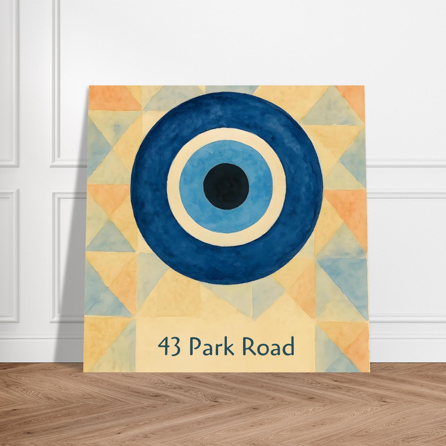 Custom Evil Eye Watercolor Poster | Personalized House Number Print | Geometric Nazar Wall Art, Unframed | ISO A1 A2 A3 A4 Sizes 50x50 cm 20x20″