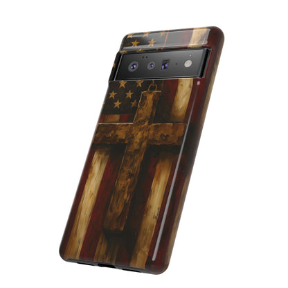 Forged in Faith Phone Case - Rustic Gold Cross &amp; American Flag | Patriotic Christian Case for iPhone, Samsung &amp; Pixel