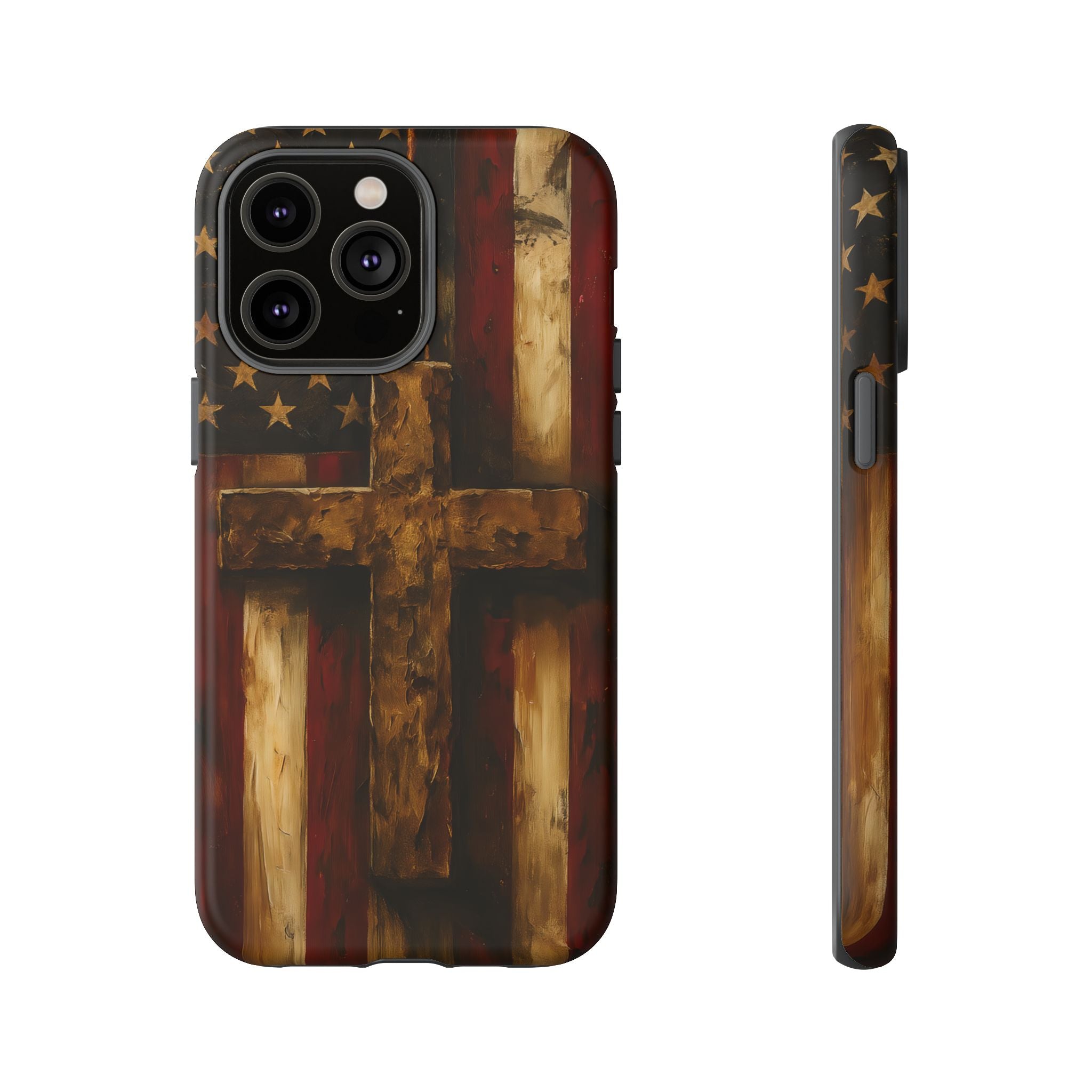 Forged in Faith Phone Case - Rustic Gold Cross &amp; American Flag | Patriotic Christian Case for iPhone, Samsung &amp; Pixel iPhone 14 Pro Max Matte