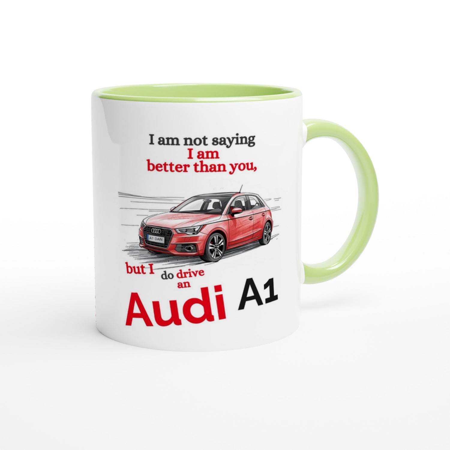 Funny Personalized Audi A1 Mug - Custom Ceramic Coffee Cup for Car Lovers - 11oz Dishwasher Safe Ceramic Green