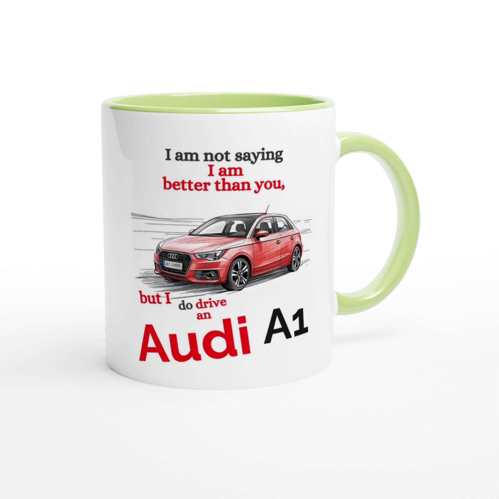Funny Personalized Audi A1 Mug - Custom Ceramic Coffee Cup for Car Lovers - 11oz Dishwasher Safe Ceramic Green