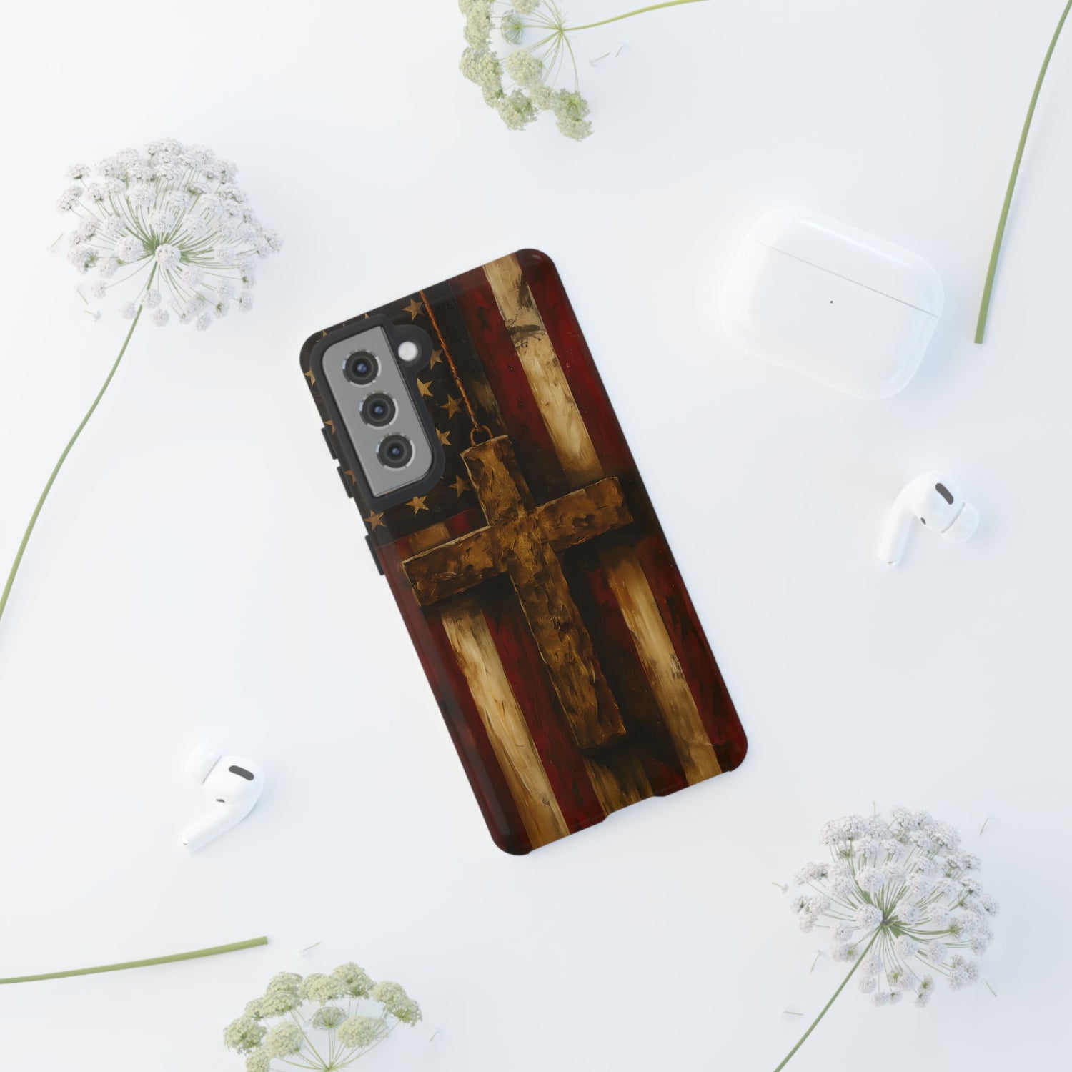 Forged in Faith Phone Case - Rustic Gold Cross &amp; American Flag | Patriotic Christian Case for iPhone, Samsung &amp; Pixel