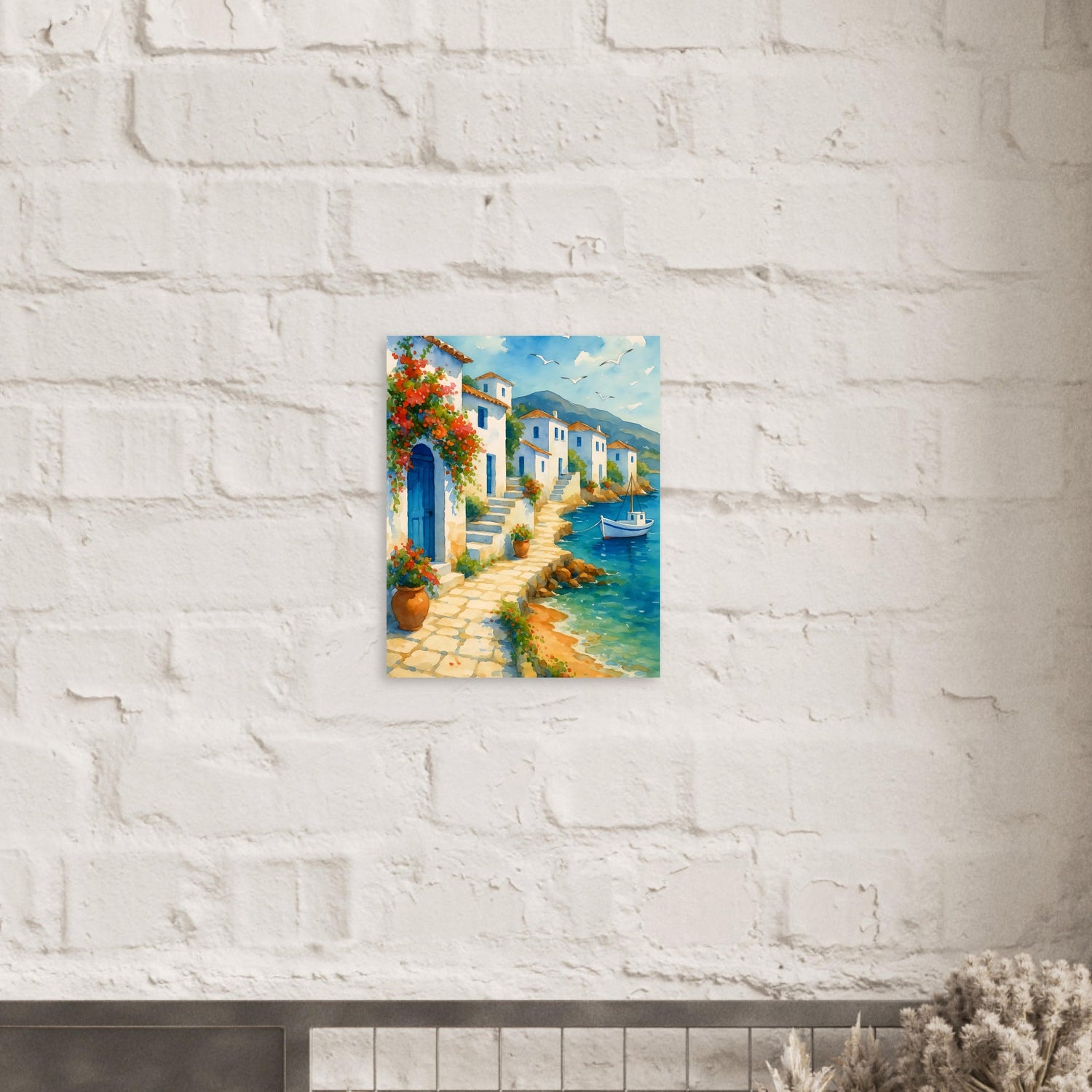 Greek Coastline Watercolor Poster | Mediterranean Seaside Art Print | Unframed Coastal Decor 40x50 cm 16x20″