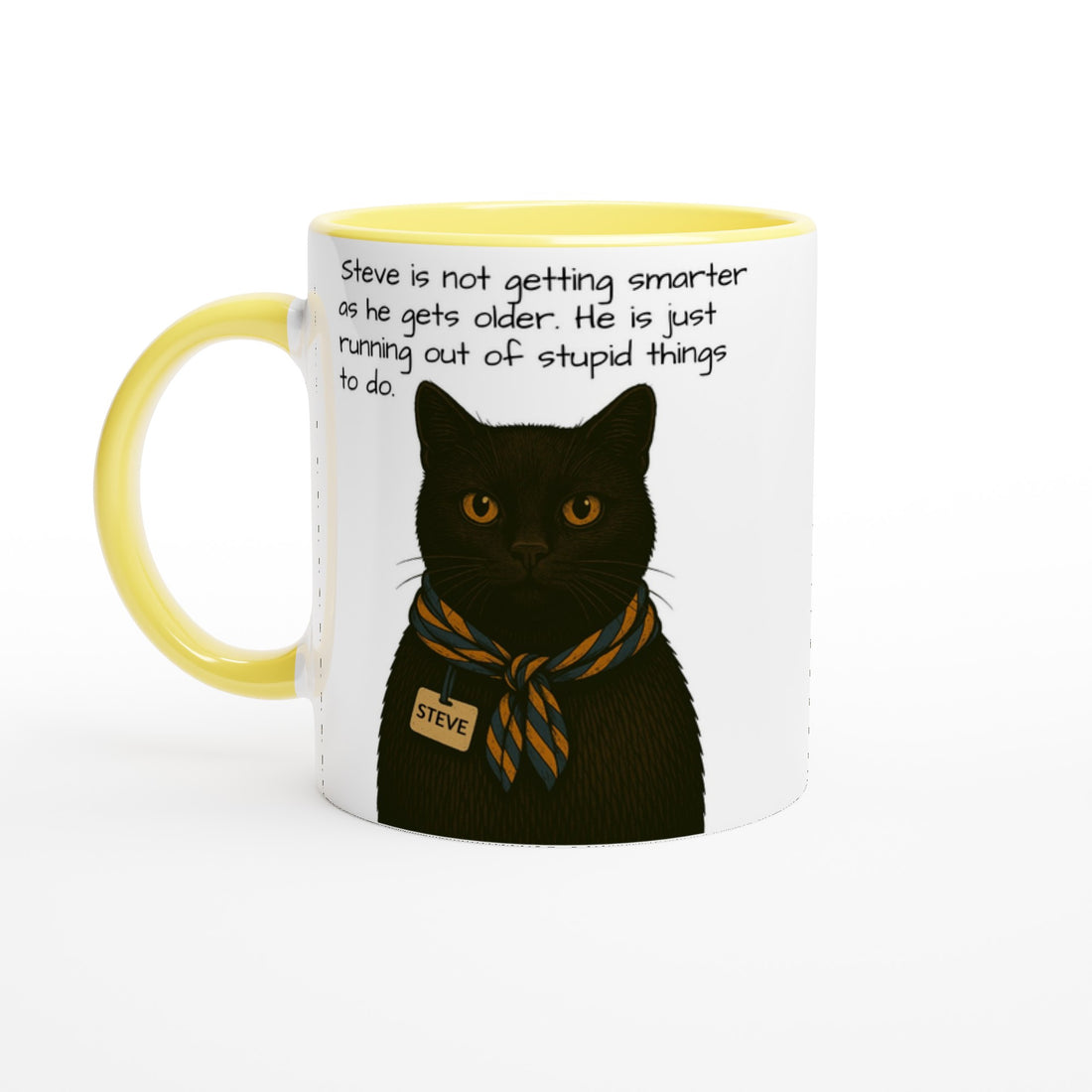 Steve Mysterious Cat Mug – Vintage Black Cat with Scarf – Funny 11oz Coffee Mug for Cat Lovers – Blank Name Tag – Quirky Animal Art Gift Ceramic Yellow