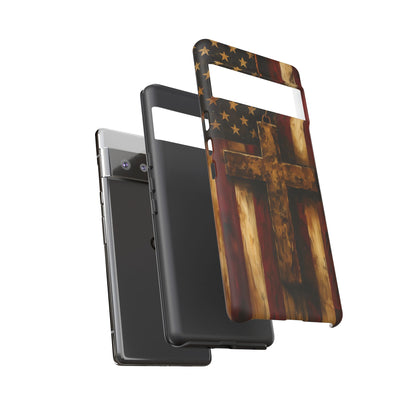 Forged in Faith Phone Case - Rustic Gold Cross &amp; American Flag | Patriotic Christian Case for iPhone, Samsung &amp; Pixel