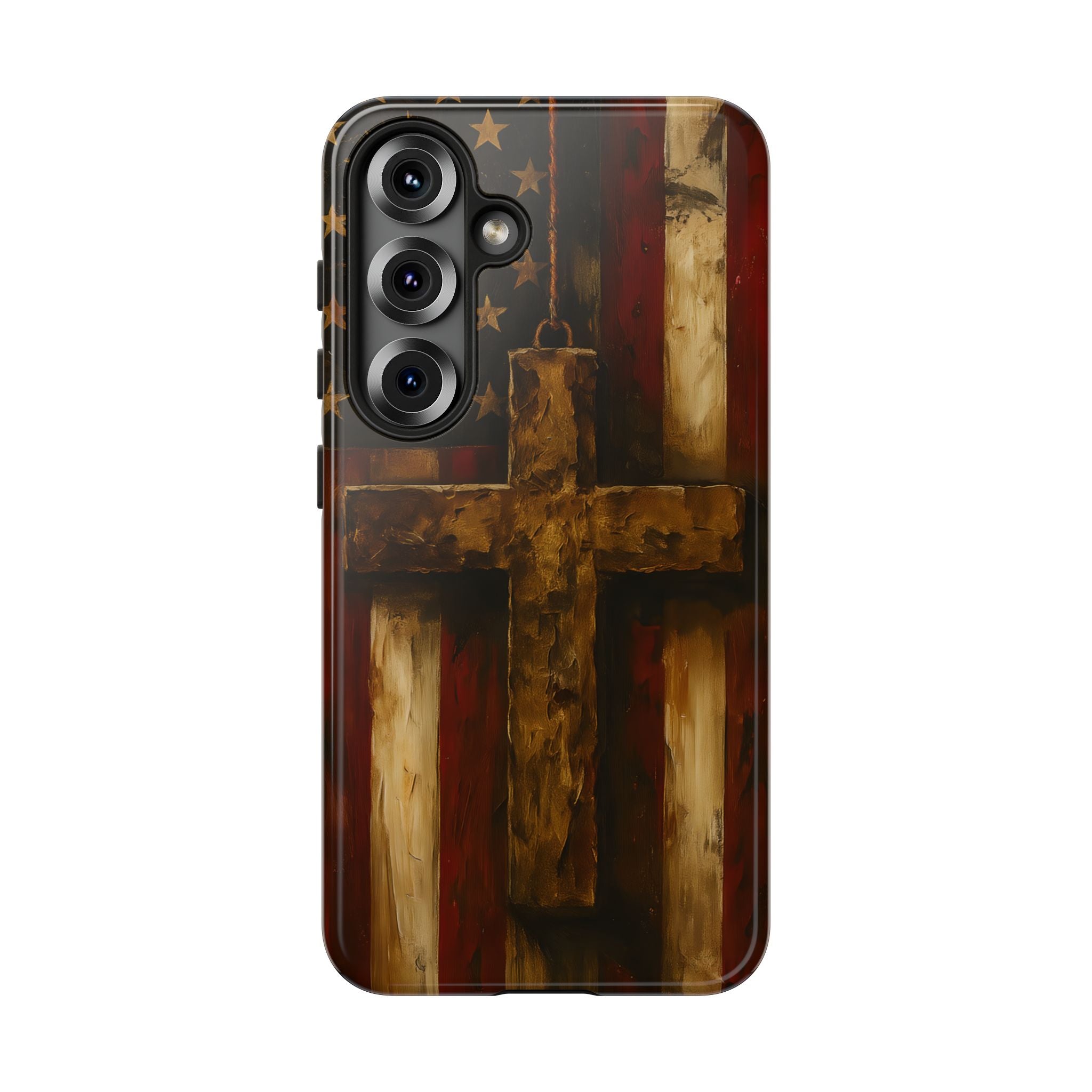 Forged in Faith Phone Case - Rustic Gold Cross &amp; American Flag | Patriotic Christian Case for iPhone, Samsung &amp; Pixel Samsung Galaxy S25 Glossy