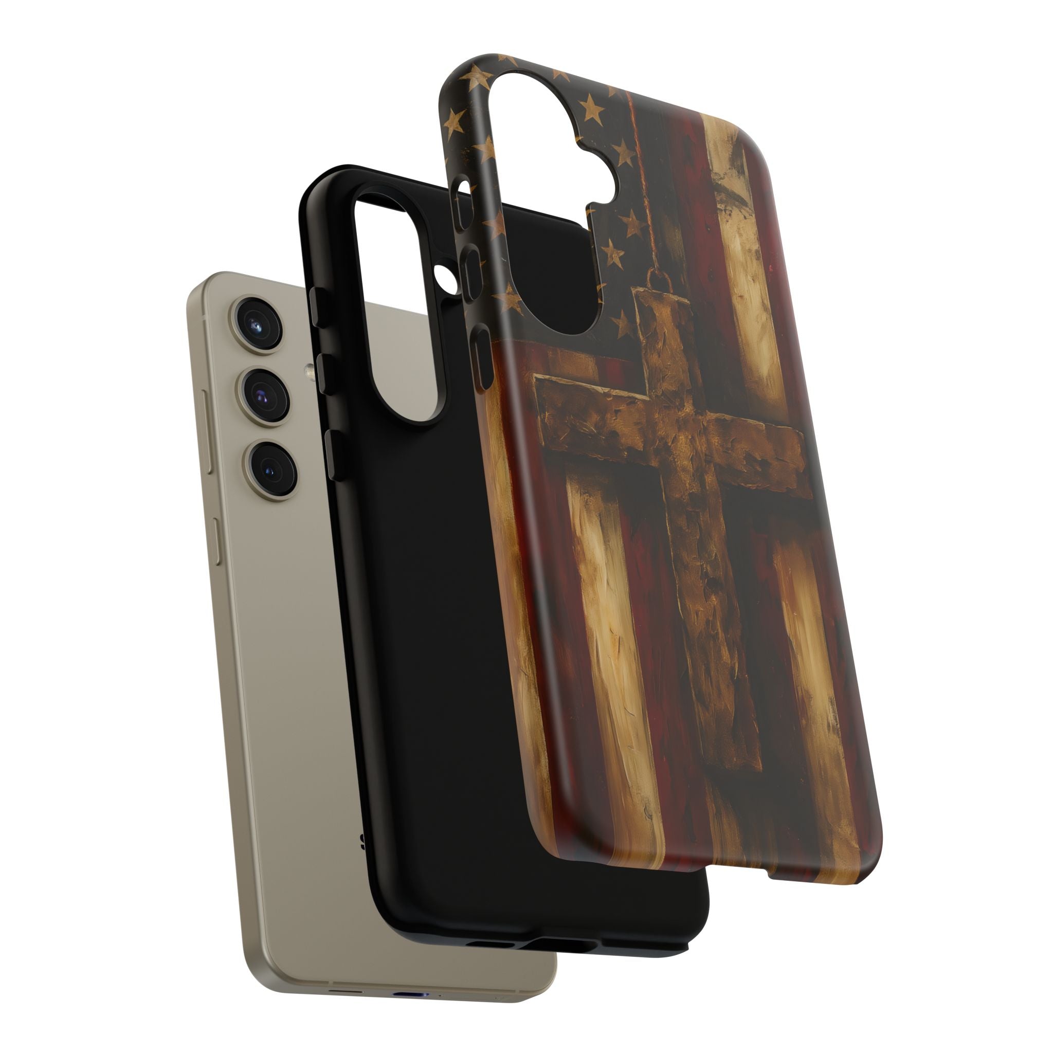 Forged in Faith Phone Case - Rustic Gold Cross &amp; American Flag | Patriotic Christian Case for iPhone, Samsung &amp; Pixel