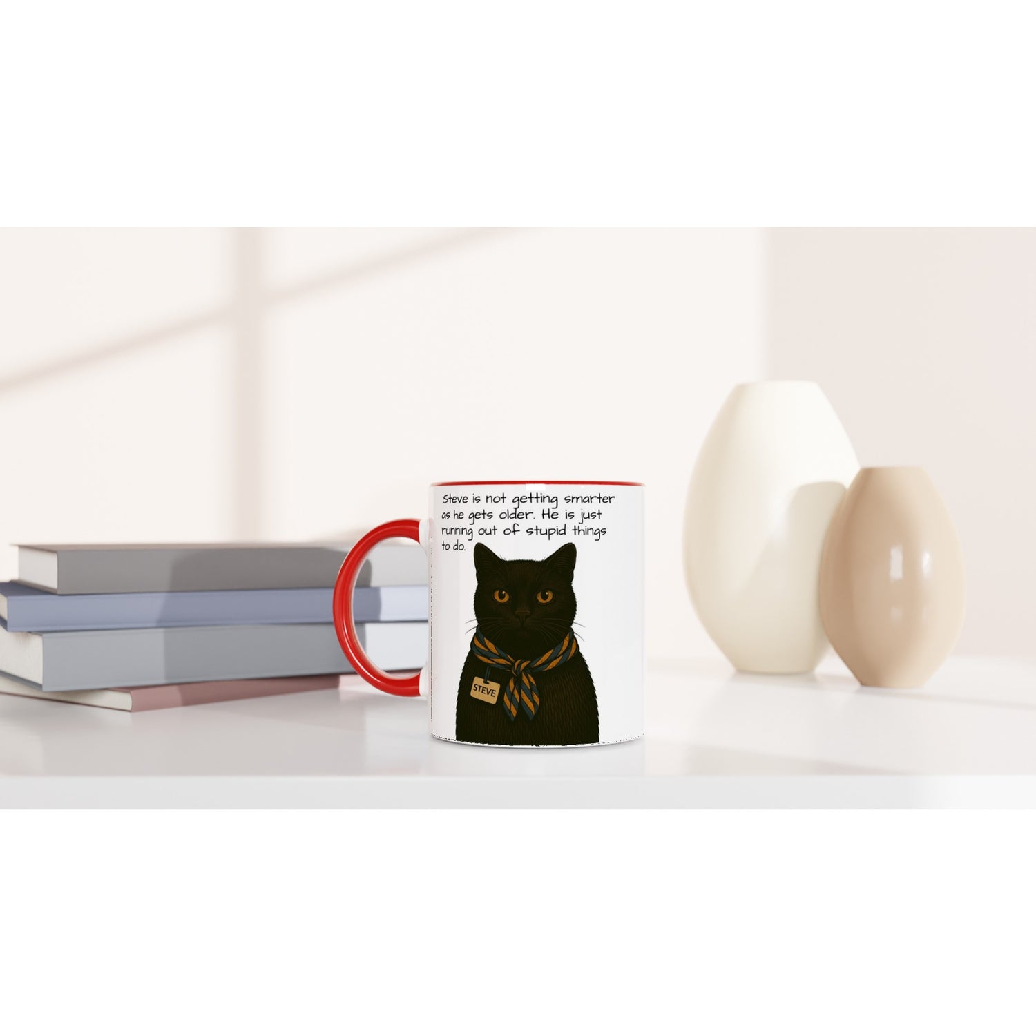 Steve Mysterious Cat Mug – Vintage Black Cat with Scarf – Funny 11oz Coffee Mug for Cat Lovers – Blank Name Tag – Quirky Animal Art Gift