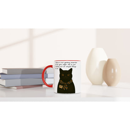 Steve Mysterious Cat Mug – Vintage Black Cat with Scarf – Funny 11oz Coffee Mug for Cat Lovers – Blank Name Tag – Quirky Animal Art Gift