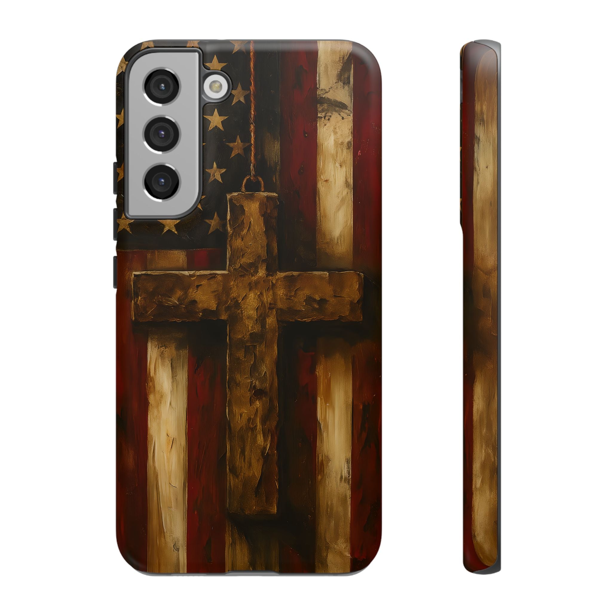 Forged in Faith Phone Case - Rustic Gold Cross &amp; American Flag | Patriotic Christian Case for iPhone, Samsung &amp; Pixel Samsung Galaxy S22 Plus Matte
