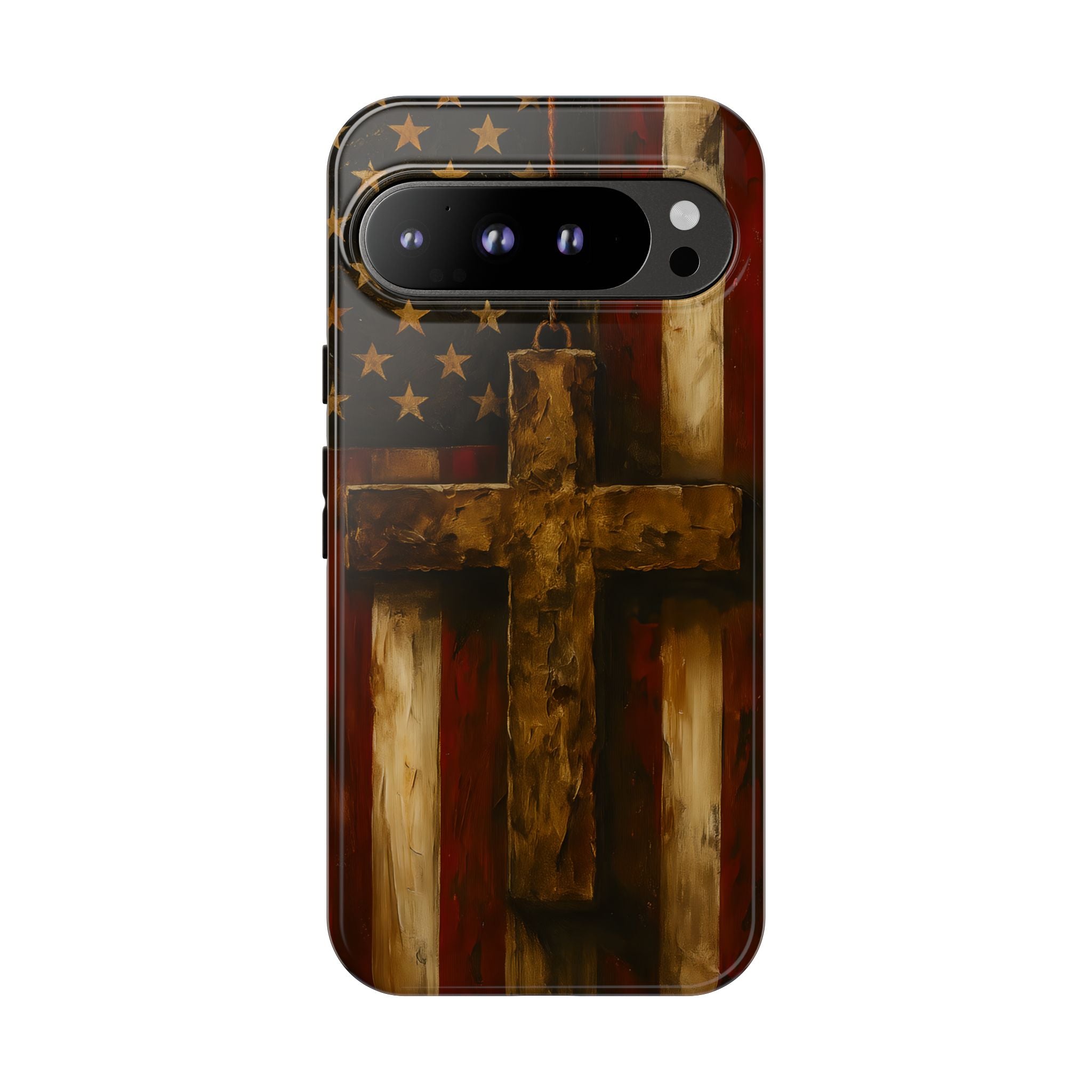 Forged in Faith Phone Case - Rustic Gold Cross &amp; American Flag | Patriotic Christian Case for iPhone, Samsung &amp; Pixel Google Pixel 9 Pro XL Glossy