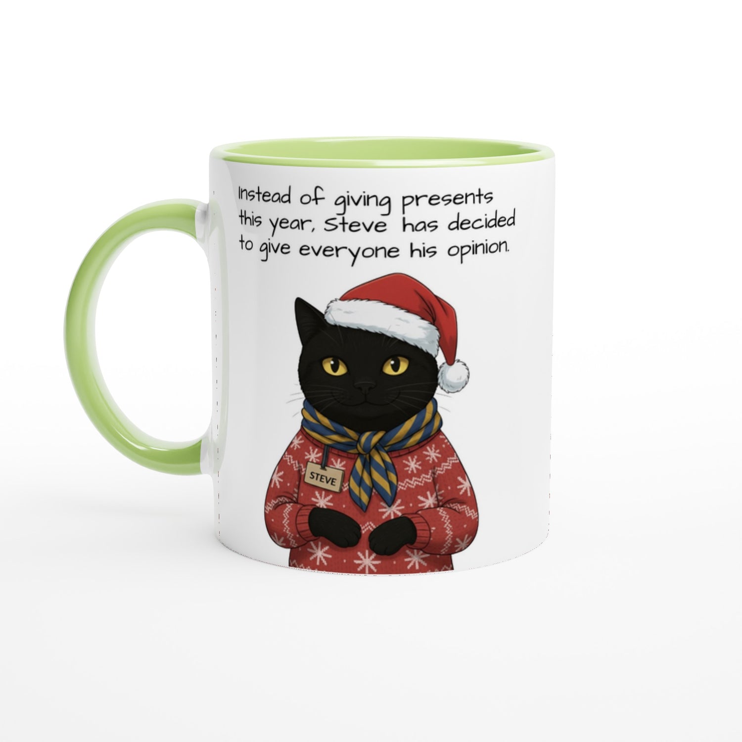 The Mysterious Steve - Vintage Black Cat Portrait Mug - Personalized Christmas Gift 11oz Ceramic Green