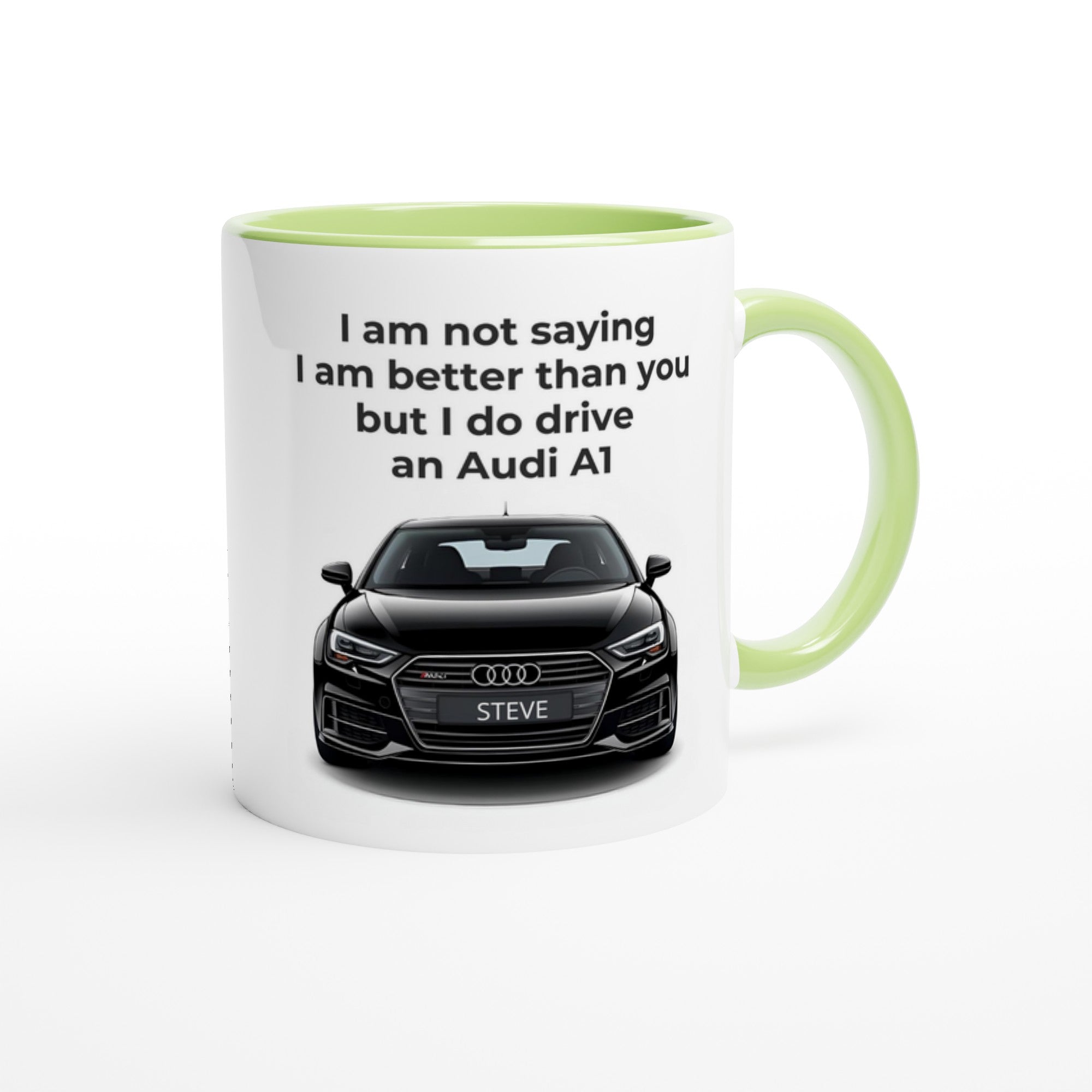 Funny Personalized Audi Car Mug - 11oz Ceramic Coffee Cup for Car Lovers - Dishwasher &amp; Microwave Safe Ceramic Green
