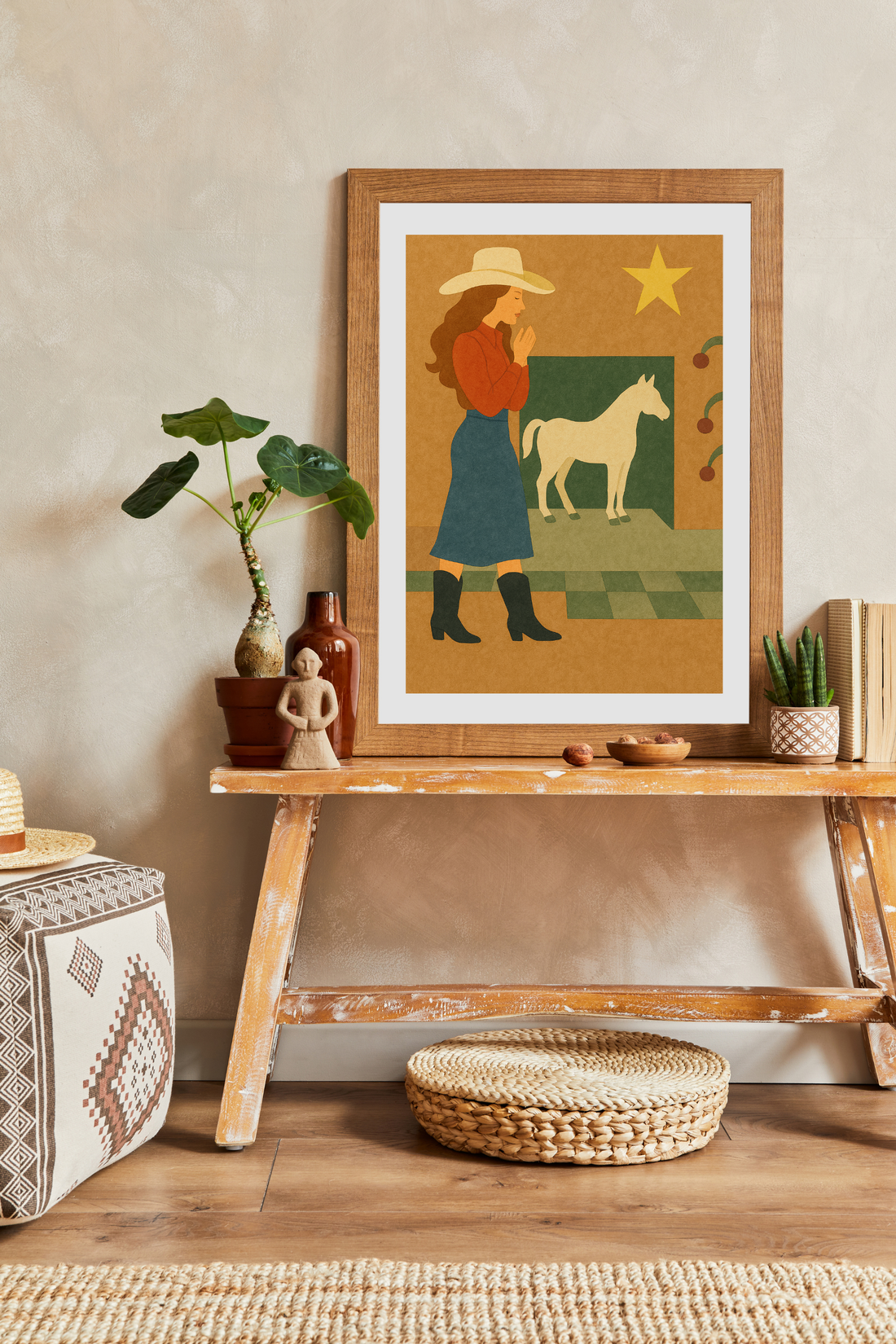 Cowgirl and Horse Wall Art Poster - Modern Western Folk Art Print | Rustic Ranch Decor