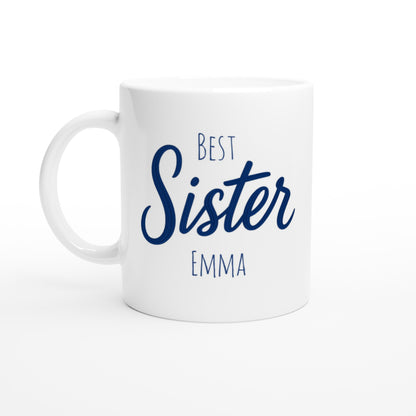 Sister Mug - Blue Brush Script Mug with Heart – Elegant Blue Calligraphy 11oz Coffee Cup – Gift for Sister, Birthday or Everyday Surprise