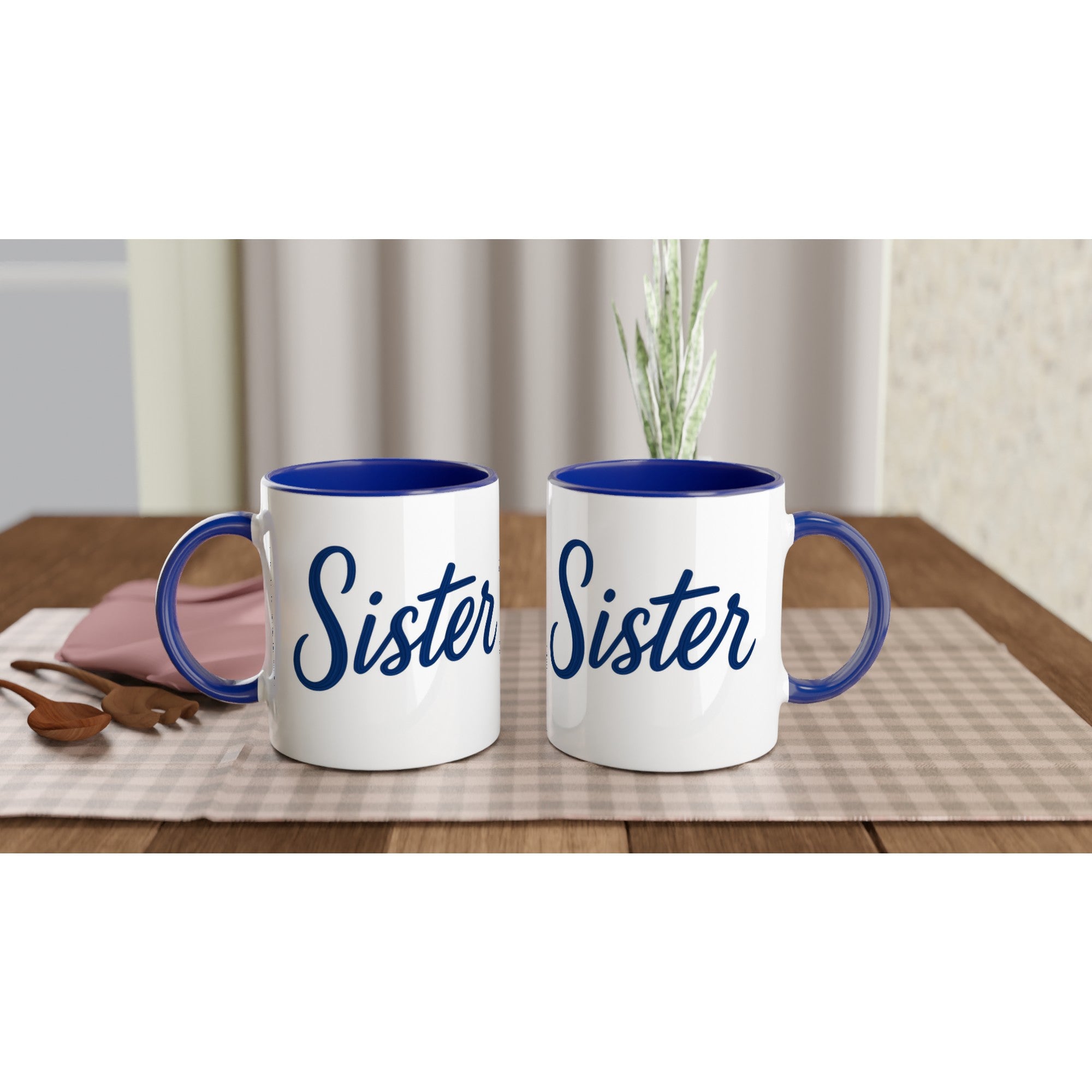 Sister Mug - Blue Brush Script Mug with Heart – Elegant Blue Calligraphy 11oz Coffee Cup – Gift for Sister, Birthday or Everyday Surprise