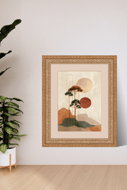 Minimalist Japanese Wall Art - Tranquil Abstract Landscape with Gold Accents