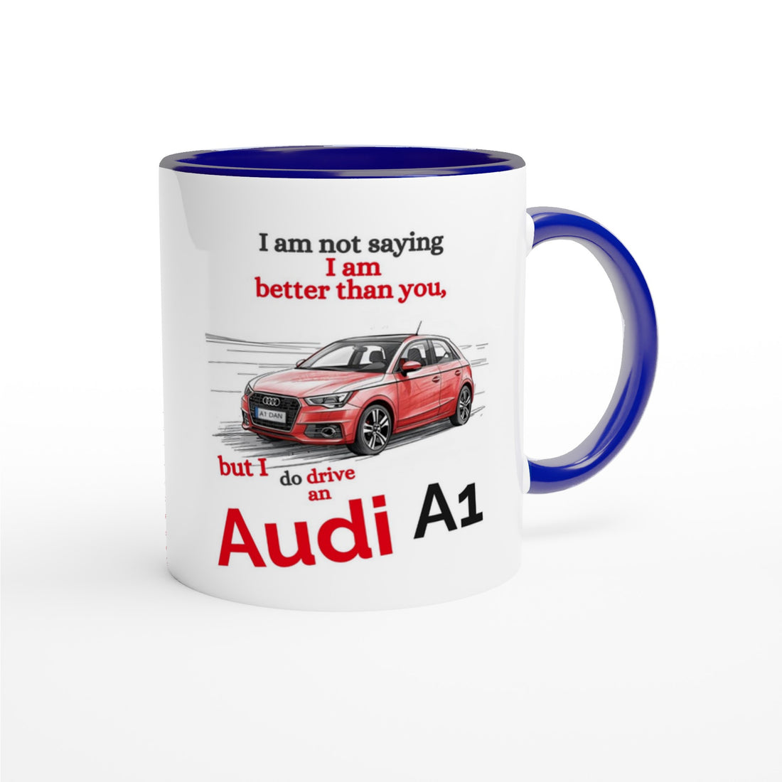 Funny Personalized Audi A1 Mug - Custom Ceramic Coffee Cup for Car Lovers - 11oz Dishwasher Safe Ceramic Blue