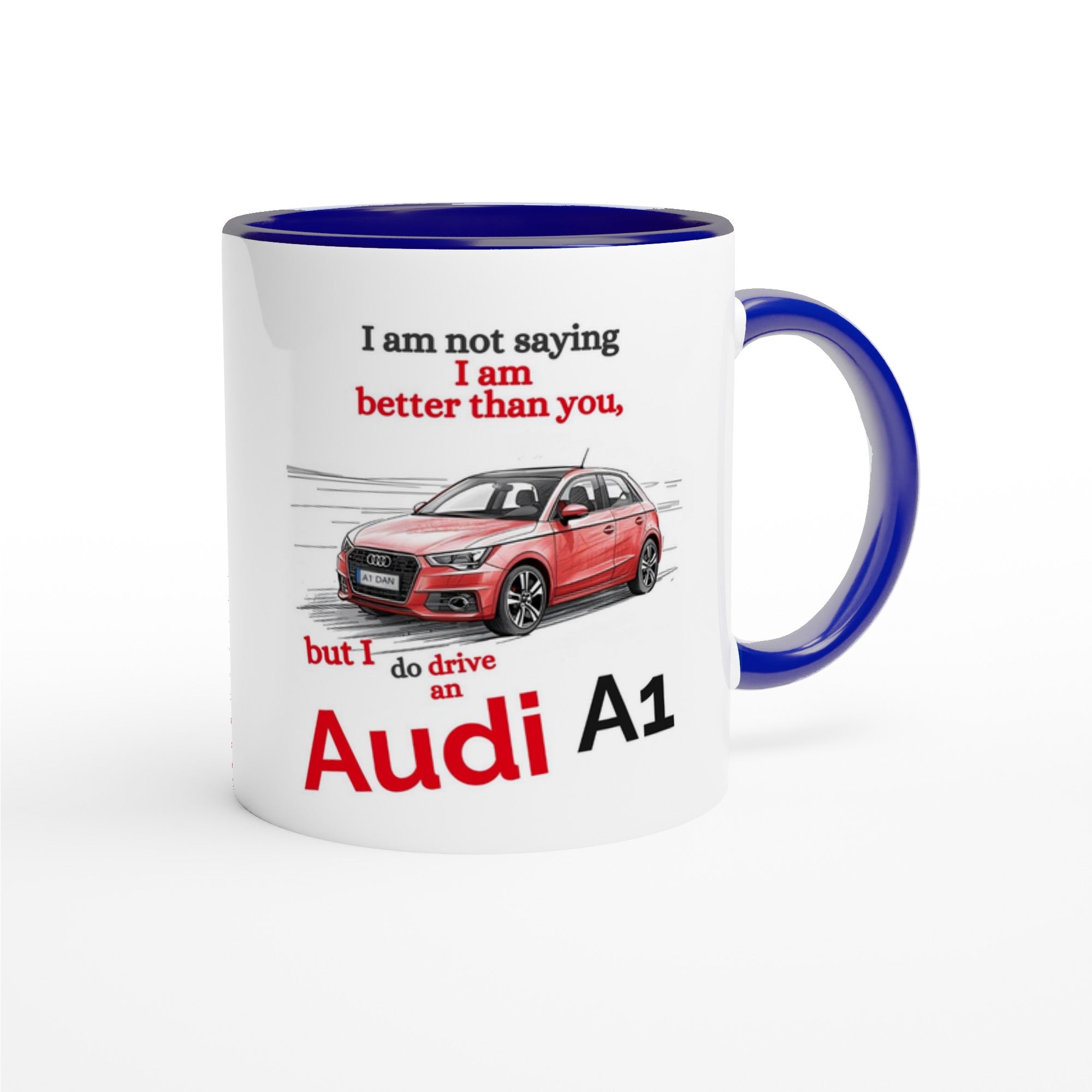 Funny Personalized Audi A1 Mug - Custom Ceramic Coffee Cup for Car Lovers - 11oz Dishwasher Safe Ceramic Blue