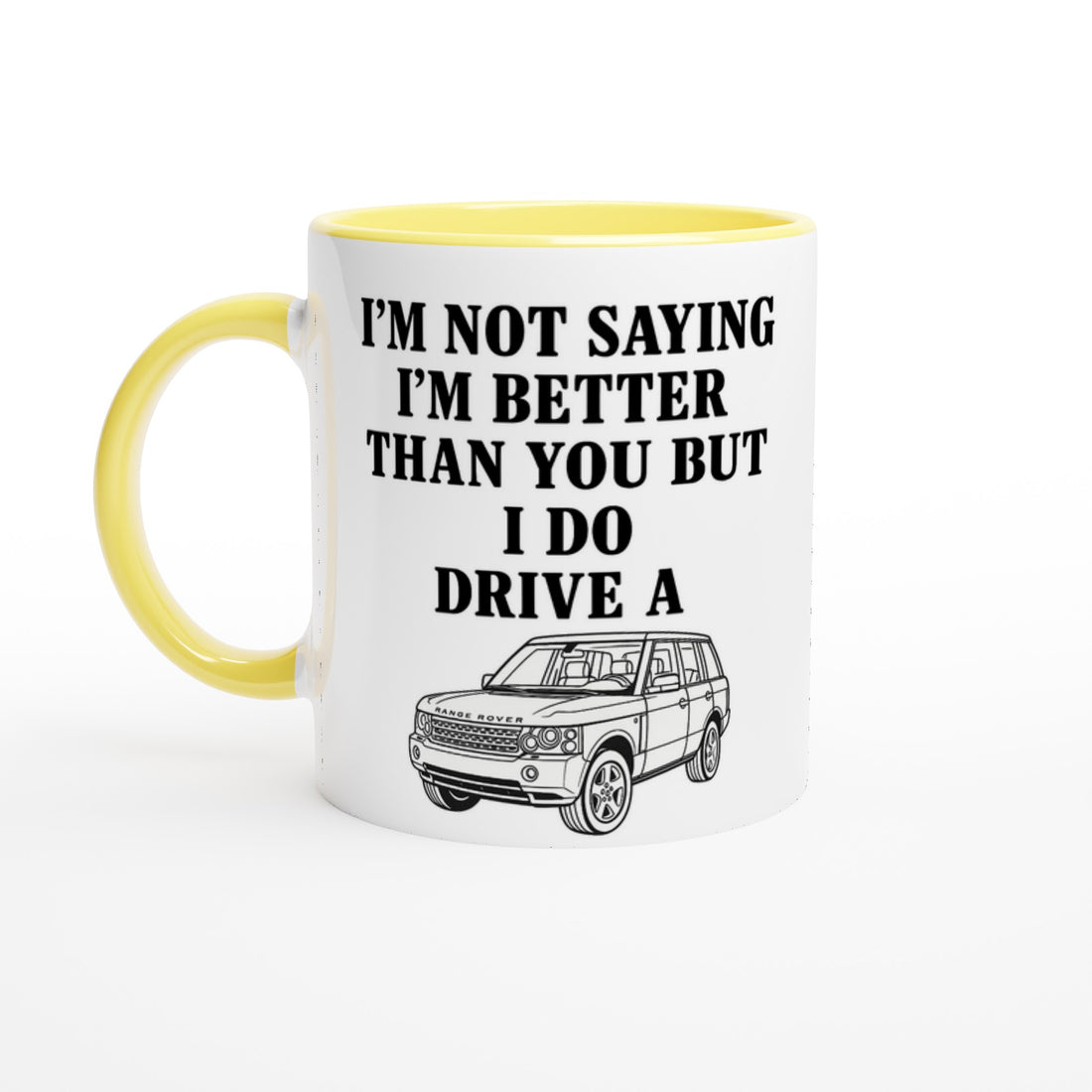 Range Rover Mug – Funny 11oz Coffee Cup for Luxury Car Lovers | Land Rover Gift Ceramic Yellow