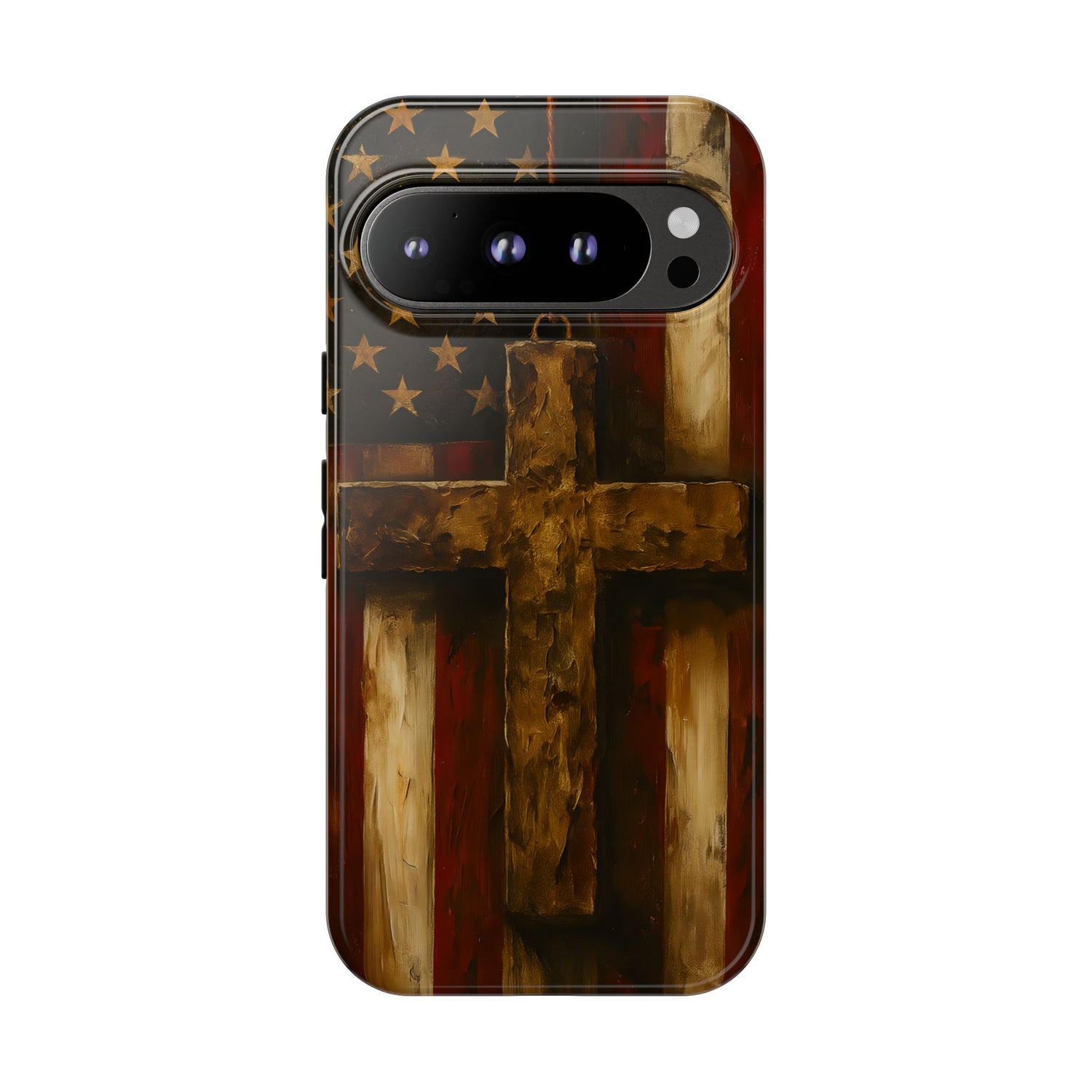 Forged in Faith Phone Case - Rustic Gold Cross &amp; American Flag | Patriotic Christian Case for iPhone, Samsung &amp; Pixel Google Pixel 9 Pro Glossy
