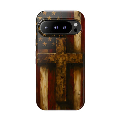 Forged in Faith Phone Case - Rustic Gold Cross &amp; American Flag | Patriotic Christian Case for iPhone, Samsung &amp; Pixel Google Pixel 9 Pro Glossy