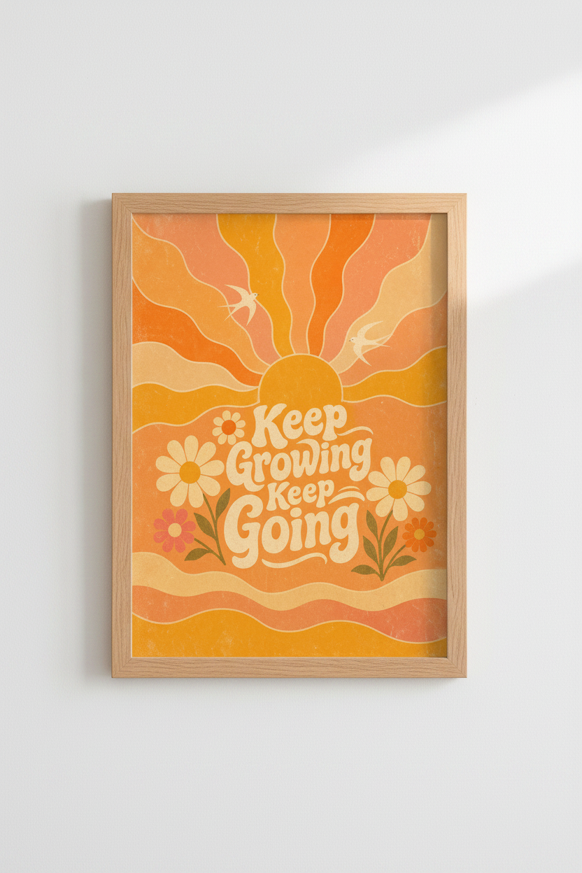 70s Retro Sun Wall Art | Vintage Groovy Quote Print, Orange Boho Sunset Decor