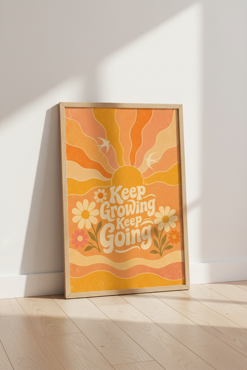 70s Retro Sun Wall Art | Vintage Groovy Quote Print, Orange Boho Sunset Decor