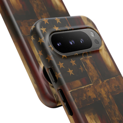 Forged in Faith Phone Case - Rustic Gold Cross &amp; American Flag | Patriotic Christian Case for iPhone, Samsung &amp; Pixel