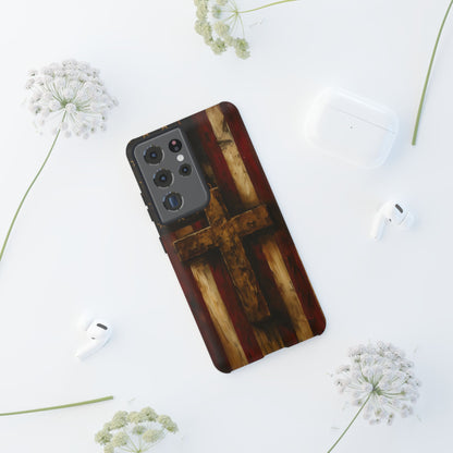 Forged in Faith Phone Case - Rustic Gold Cross &amp; American Flag | Patriotic Christian Case for iPhone, Samsung &amp; Pixel
