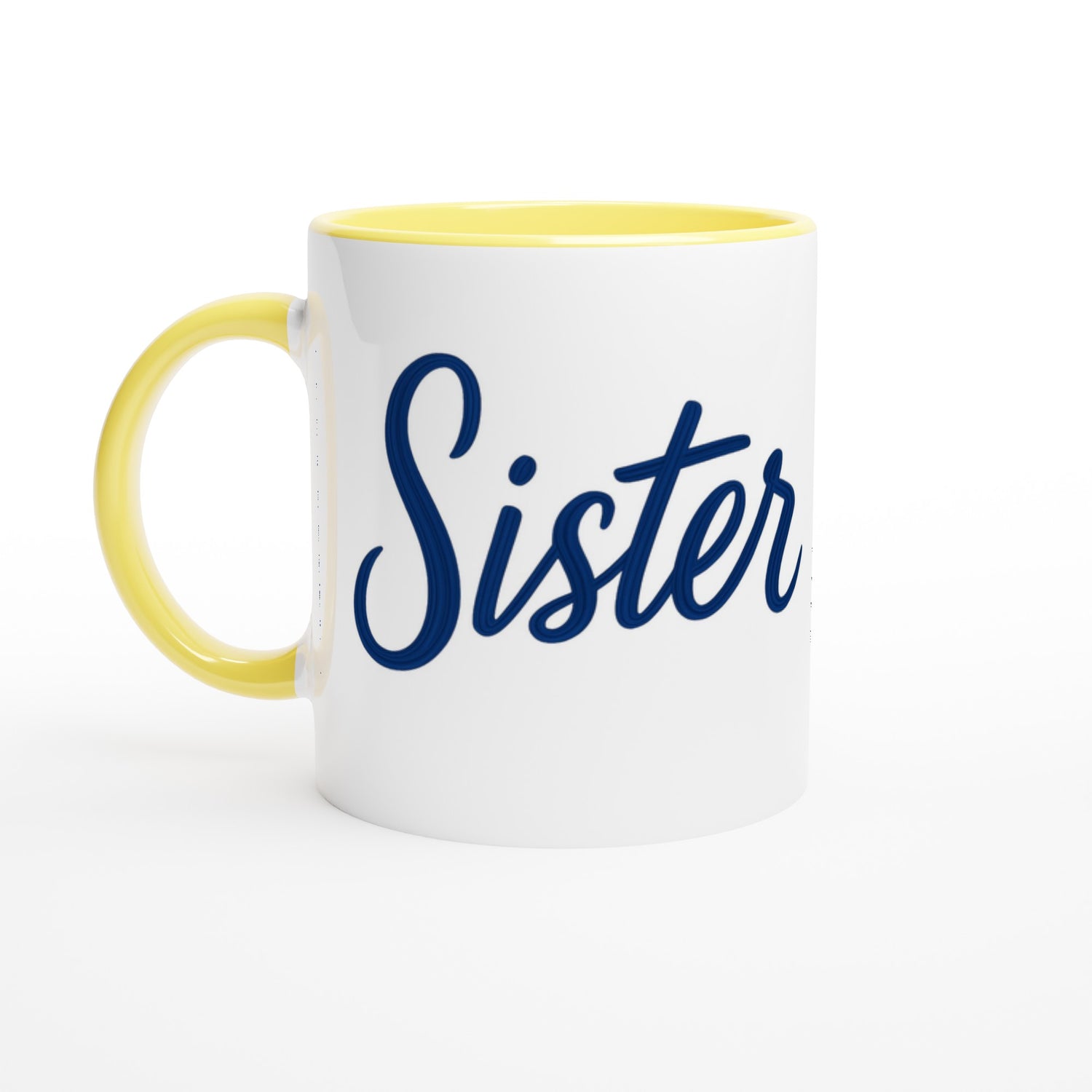 Sister Mug - Blue Brush Script Mug with Heart – Elegant Blue Calligraphy 11oz Coffee Cup – Gift for Sister, Birthday or Everyday Surprise Ceramic Yellow