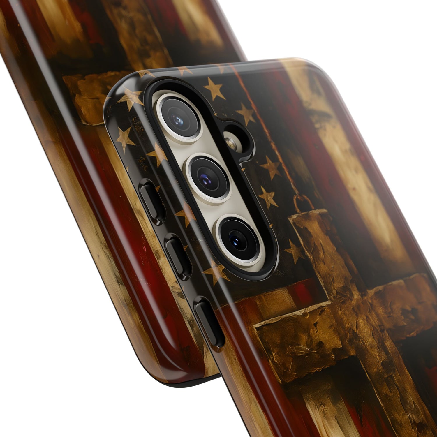 Forged in Faith Phone Case - Rustic Gold Cross &amp; American Flag | Patriotic Christian Case for iPhone, Samsung &amp; Pixel