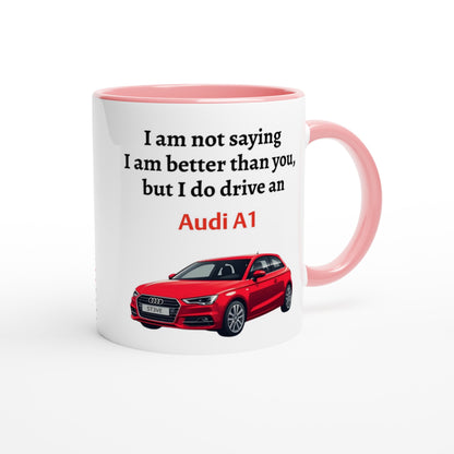 Personalized Audi A1 Mug - Custom Ceramic Coffee Cup for Car Lovers - 11oz Dishwasher Safe Ceramic Pink