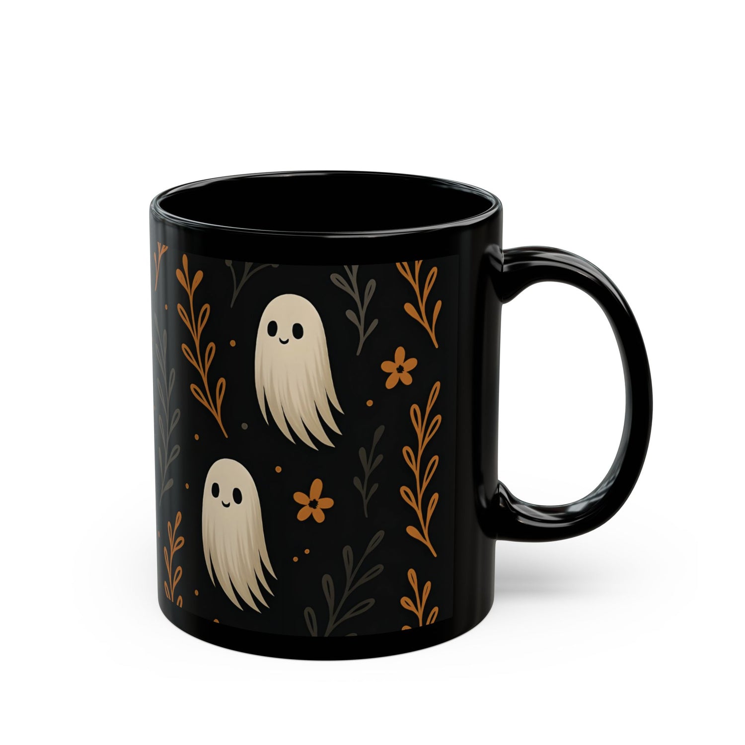 Cute Ghost Floral Black Mug - Halloween Coffee Cup | Spooky Kawaii Ceramic Mug Gift for Tea &amp; Coffee Lovers 11oz