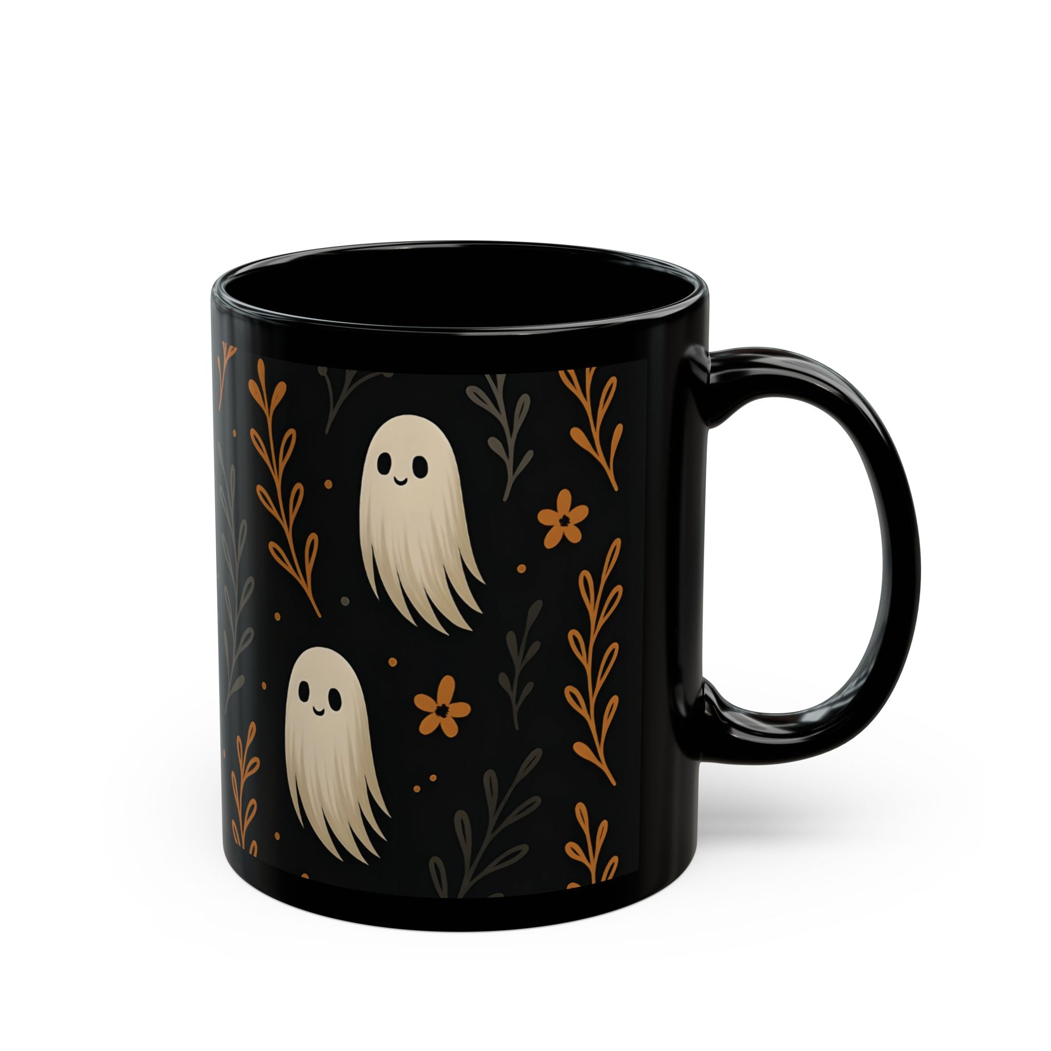 Cute Ghost Floral Black Mug - Halloween Coffee Cup | Spooky Kawaii Ceramic Mug Gift for Tea &amp; Coffee Lovers 11oz