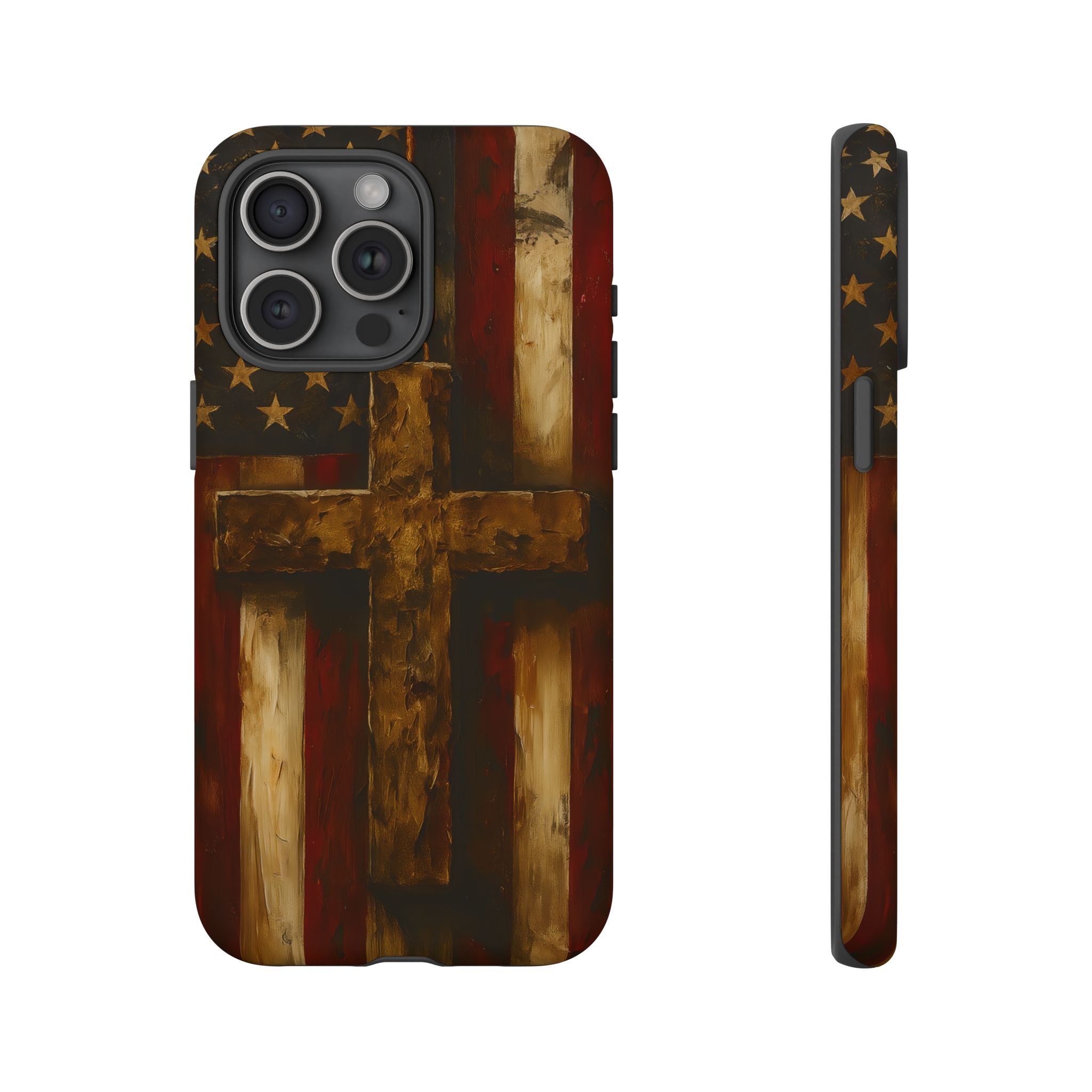 Forged in Faith Phone Case - Rustic Gold Cross &amp; American Flag | Patriotic Christian Case for iPhone, Samsung &amp; Pixel iPhone 15 Pro Max Matte