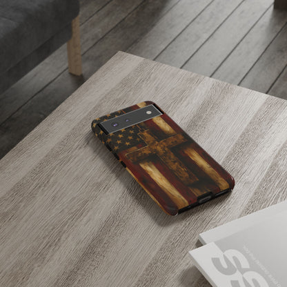 Forged in Faith Phone Case - Rustic Gold Cross &amp; American Flag | Patriotic Christian Case for iPhone, Samsung &amp; Pixel
