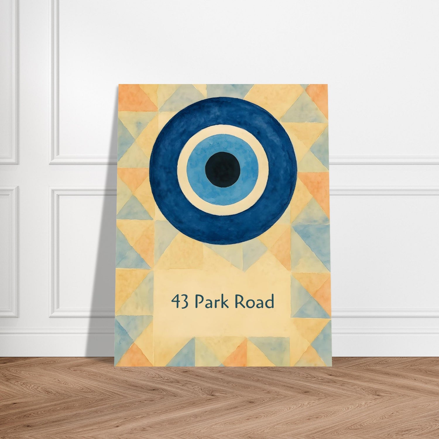 Custom Evil Eye Watercolor Poster | Personalized House Number Print | Geometric Nazar Wall Art, Unframed | ISO A1 A2 A3 A4 Sizes 27x35 cm 11x14″