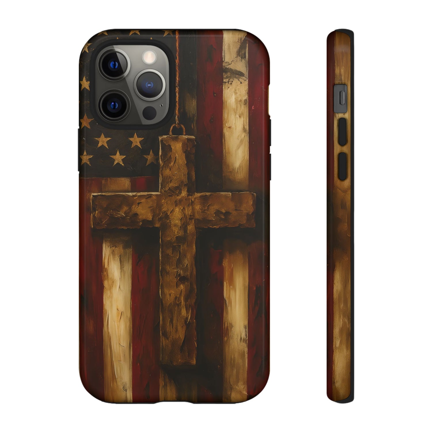 Forged in Faith Phone Case - Rustic Gold Cross &amp; American Flag | Patriotic Christian Case for iPhone, Samsung &amp; Pixel iPhone 12 Pro Glossy