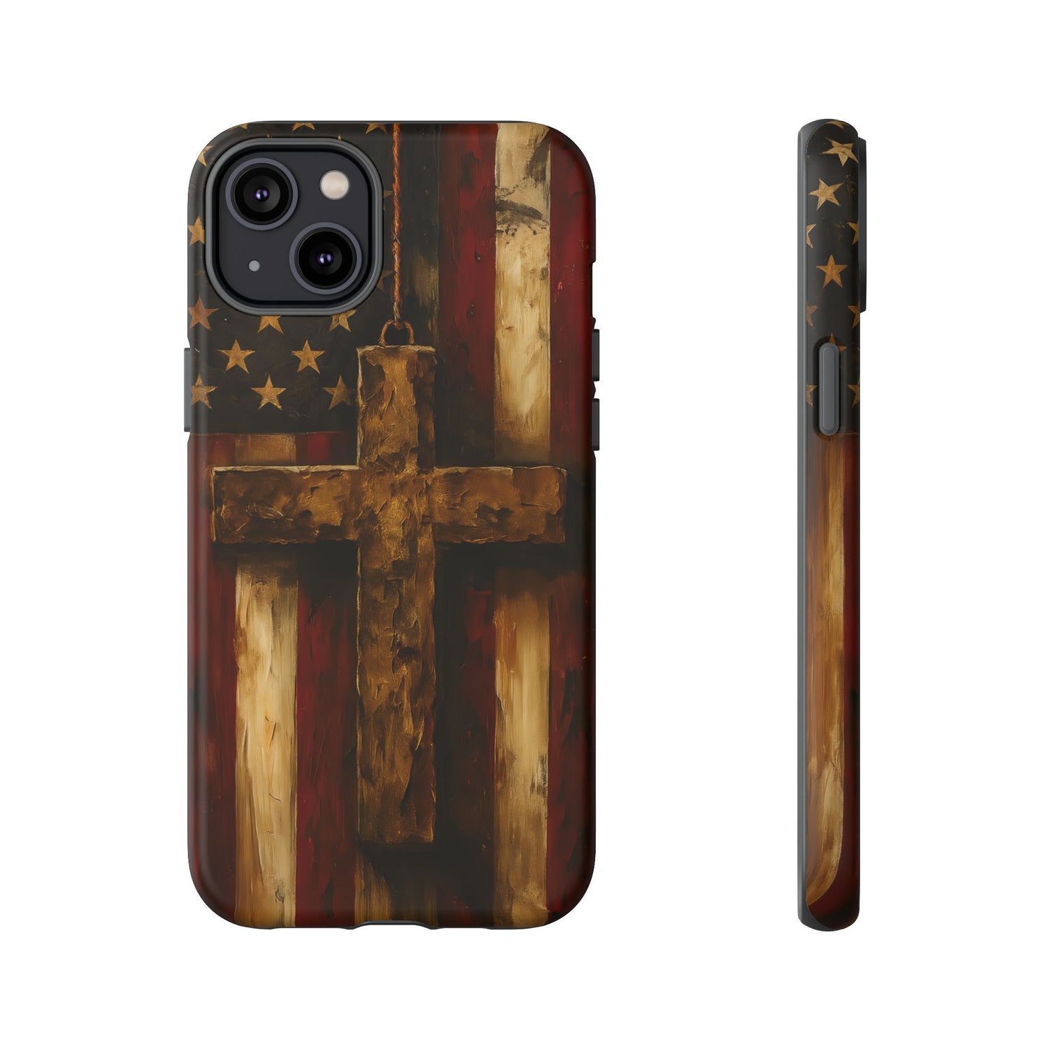 Forged in Faith Phone Case - Rustic Gold Cross &amp; American Flag | Patriotic Christian Case for iPhone, Samsung &amp; Pixel iPhone 14 Plus Matte