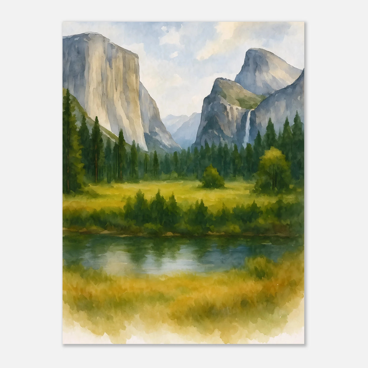 Yosemite Valley California Watercolour Print – Unframed Travel Wall Art, Home Decor 60x80 cm 24x32″