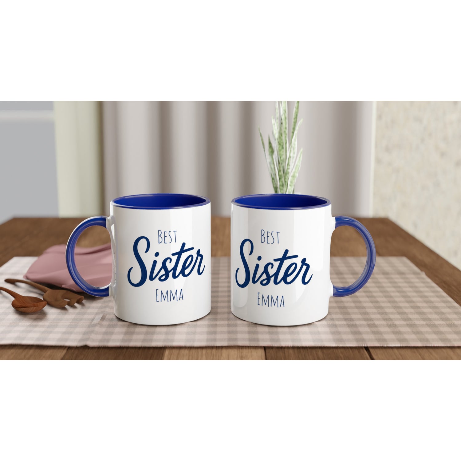 Sister Mug - Blue Brush Script Mug with Heart – Elegant Blue Calligraphy 11oz Coffee Cup – Gift for Sister, Birthday or Everyday Surprise