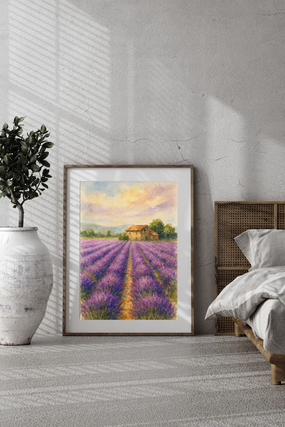 Lavender Fields Provence Watercolour Print - France Travel Wall Art