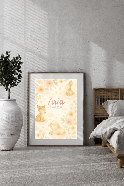 Personalised Woodland Baby Animal Nursery Print - Custom Name Poster